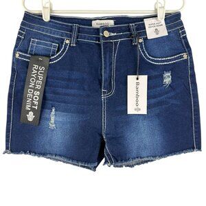 NWT Bamboo Women's Blue Super Soft Denim Shorts Junior Sz 17 Distressed‎ Raw Hem